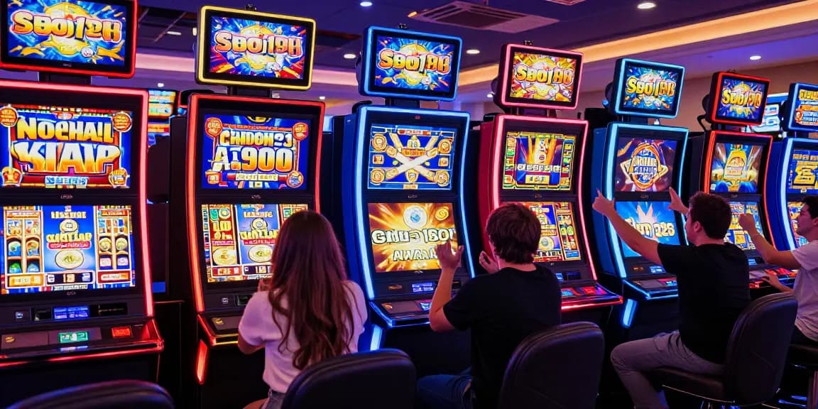 Pengguna bermain mesin slot di Vegas123, suasana penuh energi dengan kemenangan slot 88.