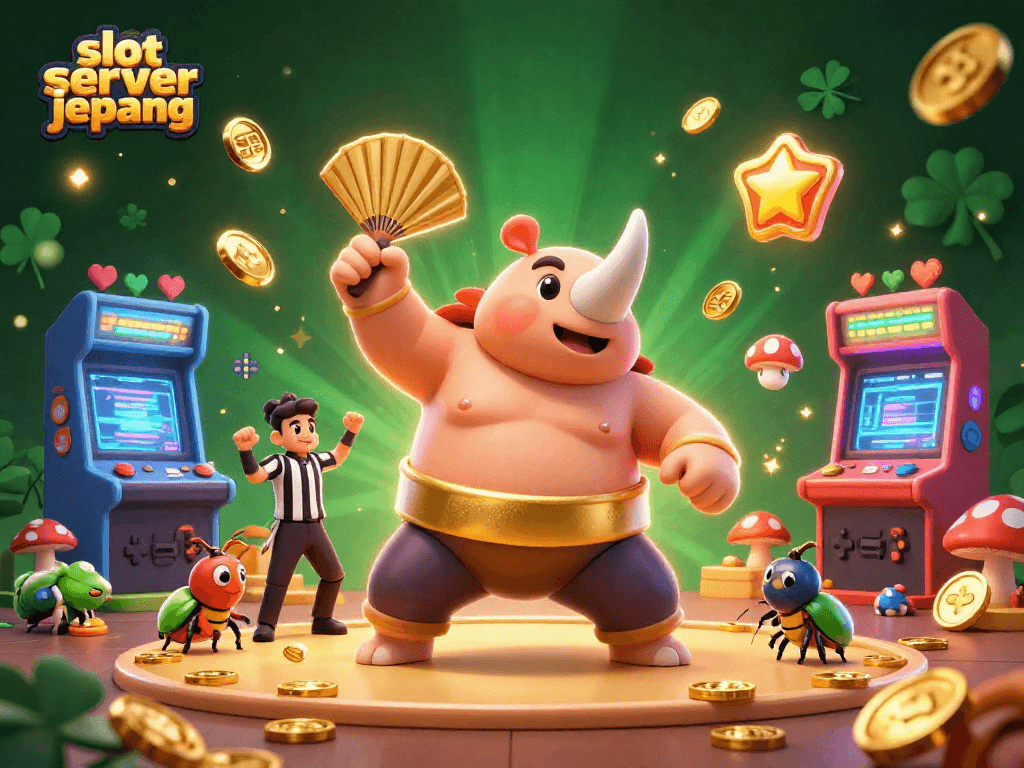Join the excitement with the slot server jepang as a sumo beetle champion stomps coins in a vibrant illustration.