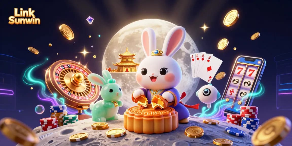 Spin and win with Link Sunwin as the moon rabbit tosses poker chips amidst glittering gems and golden coins.