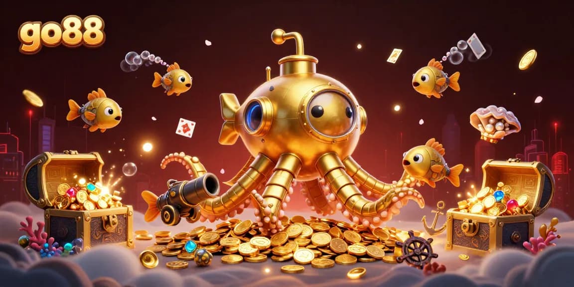Experience the vibrant world of go88 casino gaming with a golden kraken submarine amidst treasures.
