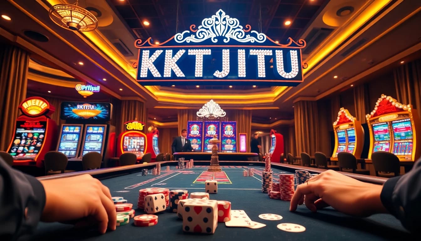 KTPJITU gaming table featuring thrilling gameplay, vibrant poker chips, and slot machines.