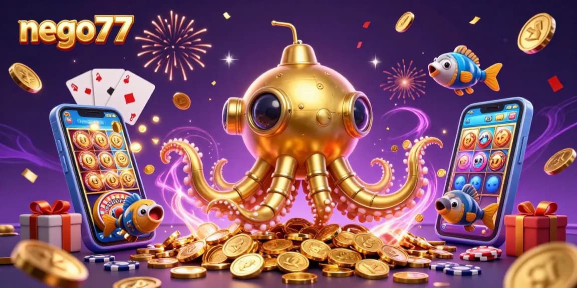 Spin to win at nego77 while golden coins rain in a vibrant, magical casino scene.