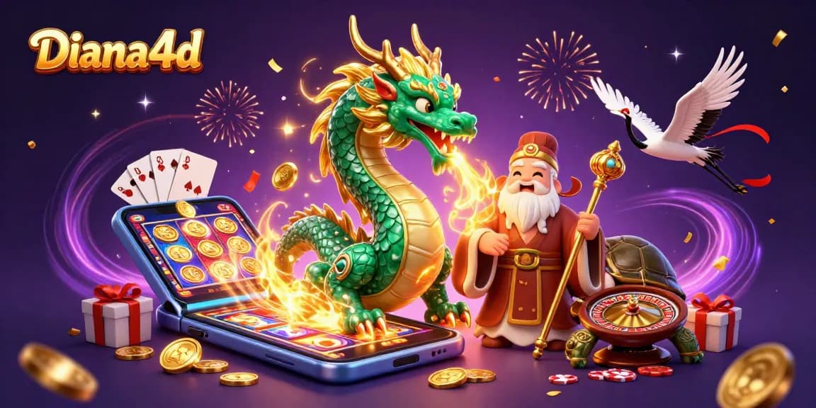 Experience thrilling gameplay at Diana4d with a vibrant scene of dragons, fortune, and slot games.