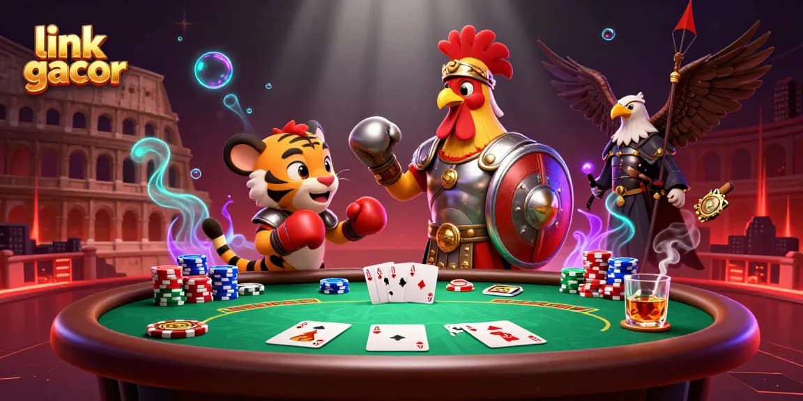 Engage with link gacor in this vibrant 3D illustration of a gladiator rooster and poker scene.