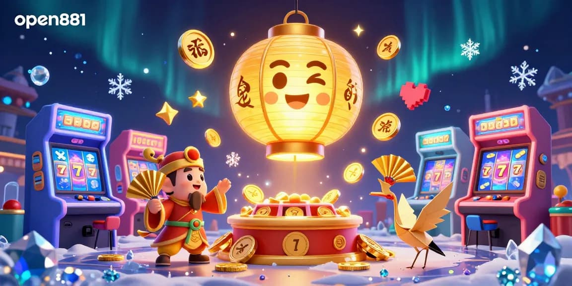 Engage with vibrant slot games at open881 featuring a golden lantern spirit over a casino scene.