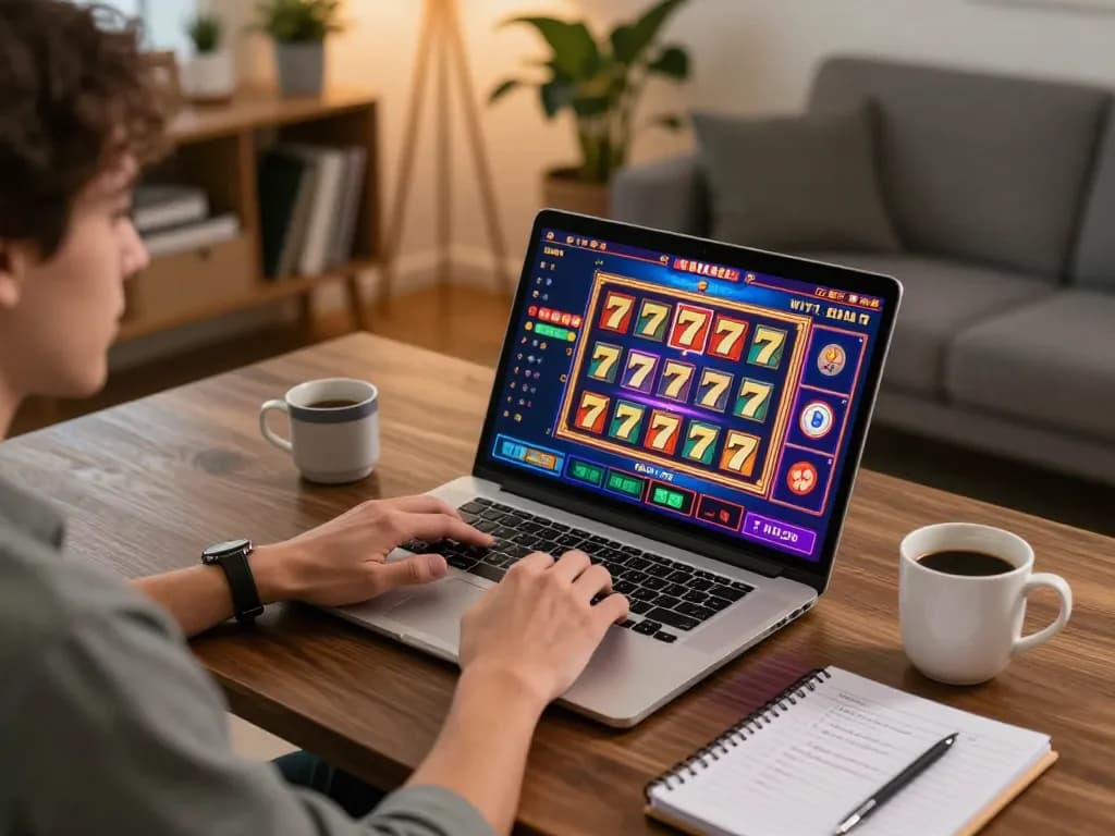 Engaging in slot 777 online game with strategy notes beside a laptop in a cozy home setup