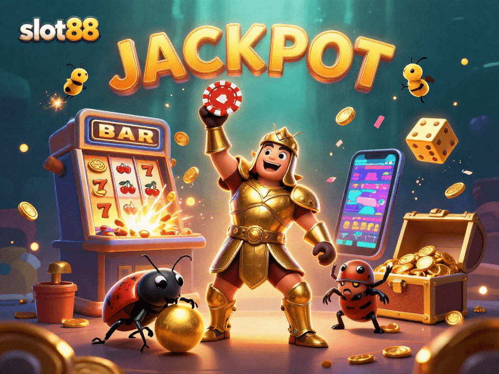 Precariously lifting the slot88 chip, a heroic beetle celebrates a jackpot amidst golden coins and vibrant casino elements.