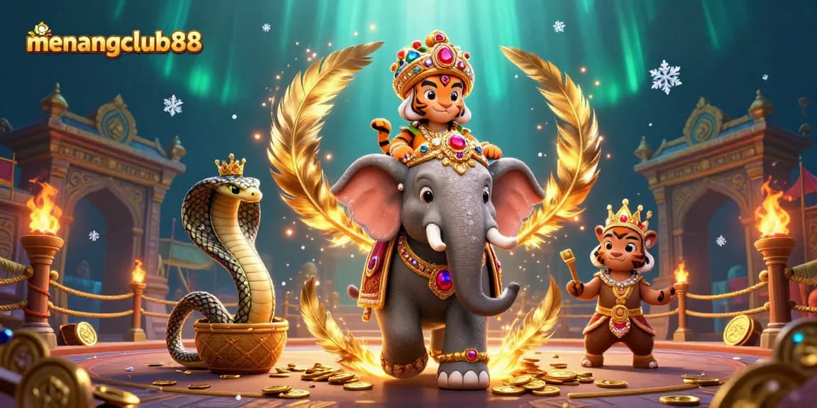 Join the excitement at menangclub88 with a vibrant celebration highlighted by a 3D maharaja and an elephant.