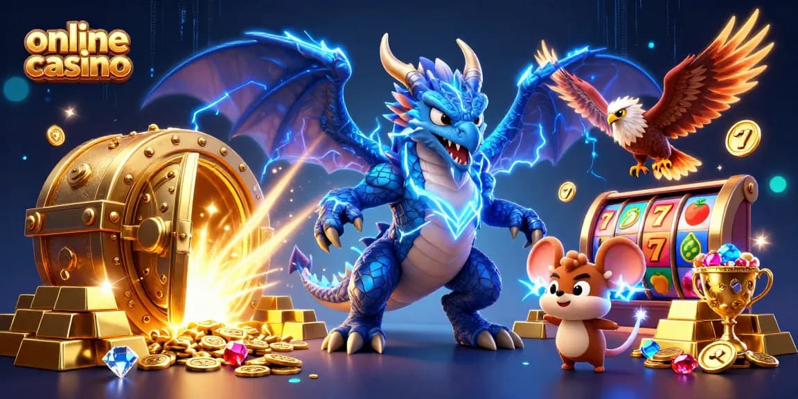 Engage in an online casino adventure with a dynamic scene of colorful characters and vibrant gaming elements.