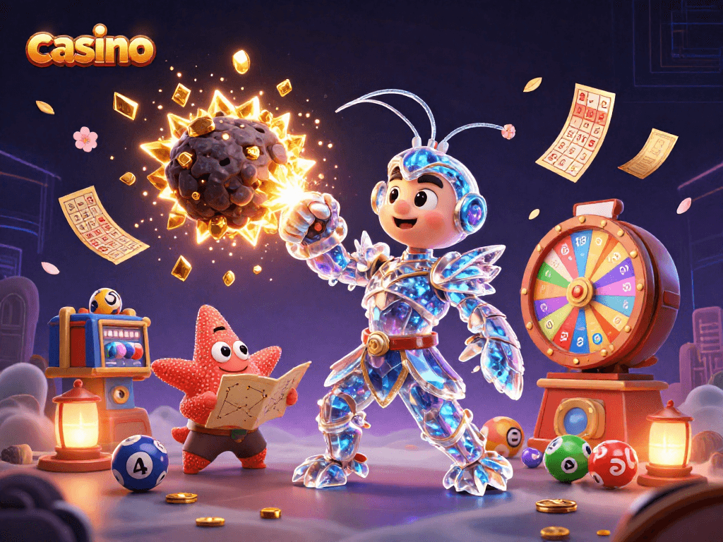 Exciting casino scene featuring a mantis shrimp and starfish surrounded by colorful lottery elements.