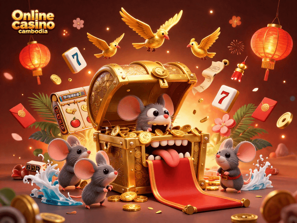 Experience excitement at Online casino cambodia with a vibrant 3D scene of slot games and treasure.