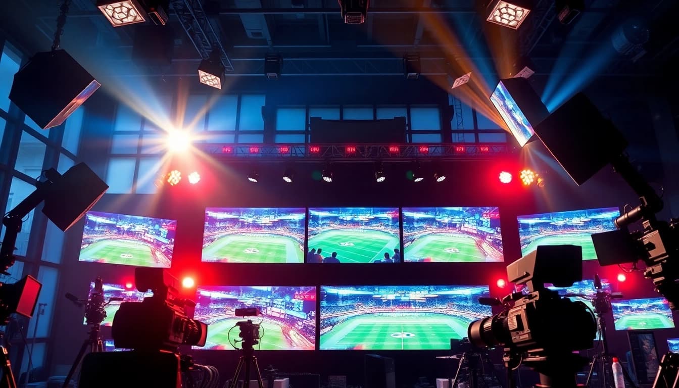 Sports Broadcasting setup with multiple screens and lighting equipment in a dynamic studio.