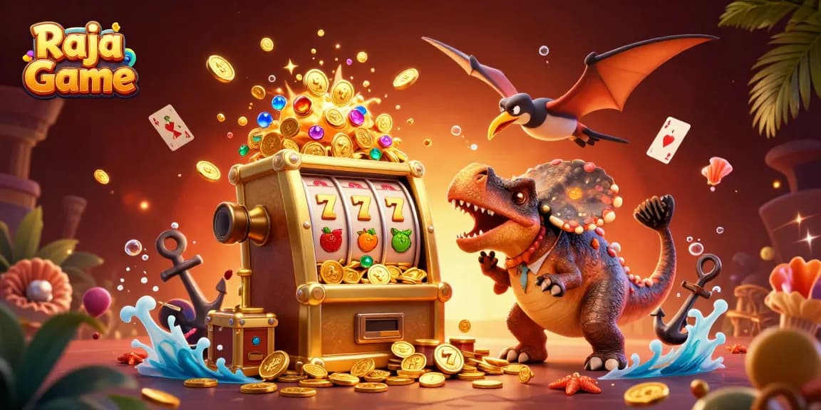 Raja Game showcases intense action as a dinosaur interacts with a slot machine in an exciting gaming scene.