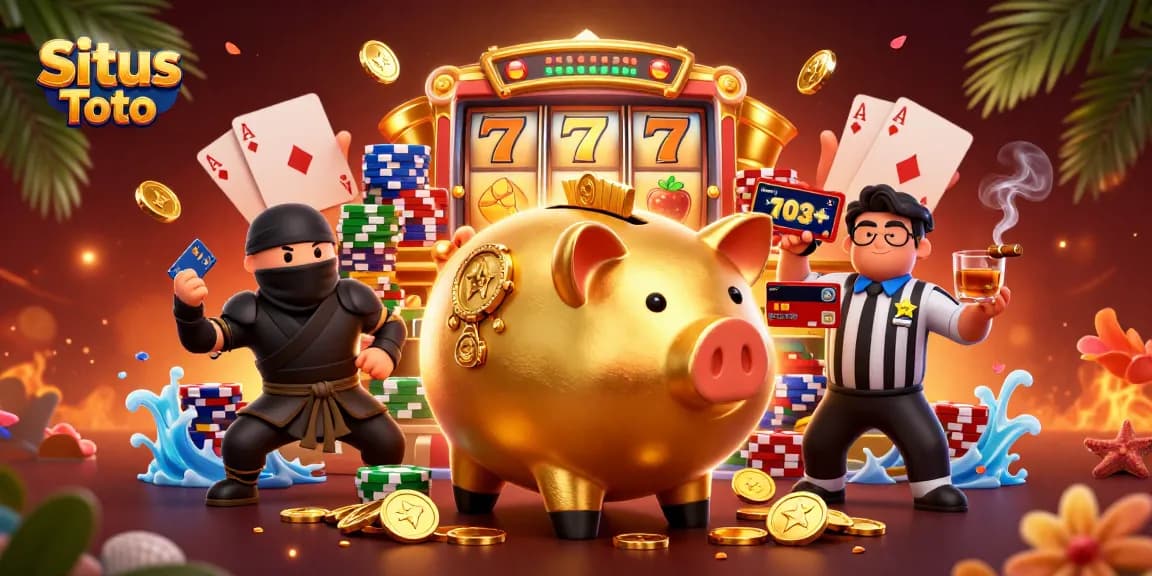 Situs Toto transforms gameplay with a dynamic 3D scene featuring gold coins, slot reels, and engaging characters.
