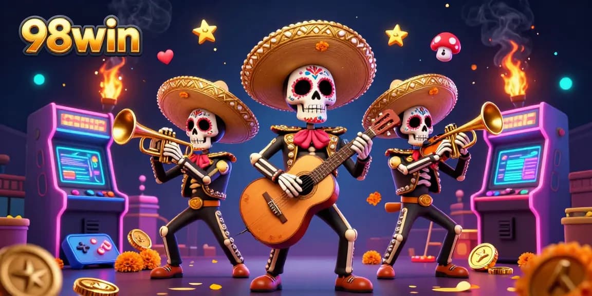 Play thrilling games at 98win's vibrant casino with lively mariachi band illustration.