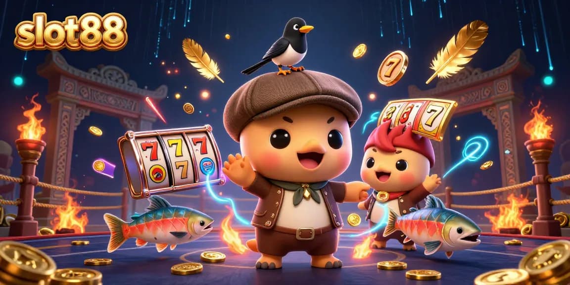 Engage with slot88's thrilling visuals of playful characters amidst vibrant casino elements.