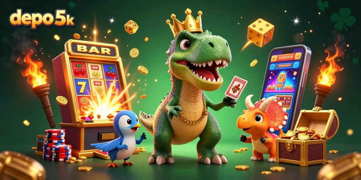 Experience thrilling action with depo 5k slots, featuring a joyful T-Rex battling for jackpots amidst golden treasures!