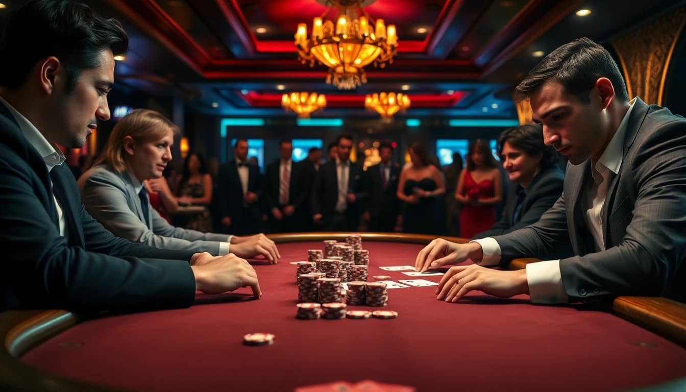Engaged players strategizing during a high-stakes Poker Game with chips and cards on a luxurious table.