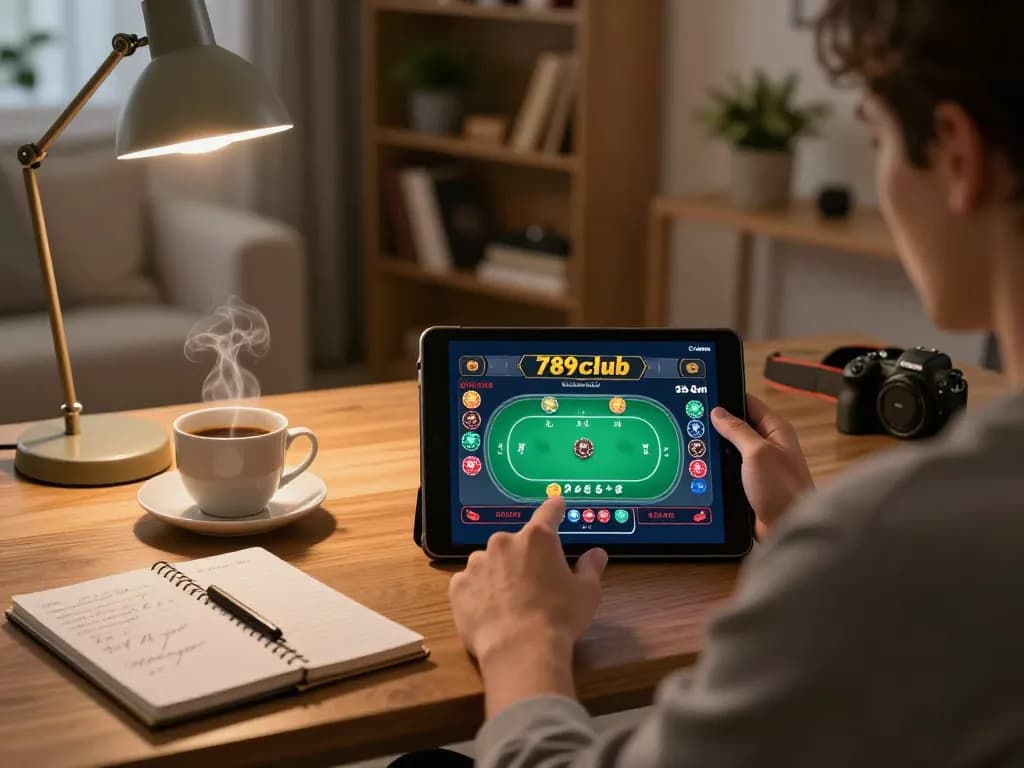 Engaging player enjoying 789club poker game on tablet in a cozy home setting.