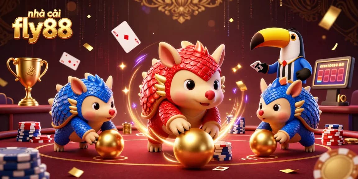 nhà cái fly88 features a dynamic scene of pangolins battling over poker chips and golden tokens.
