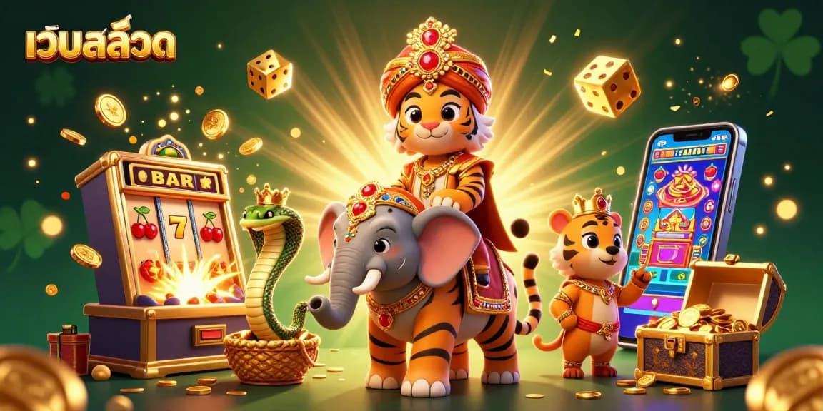 Experience the excitement of เว็บสล็อต with a vibrant 3D visualization of a casino scene featuring a cartoon tiger and treasures.
