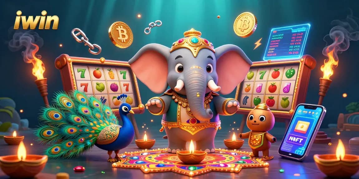 Experience the excitement of iwin with vibrant slot reels and floating coins in a rich casino scene.