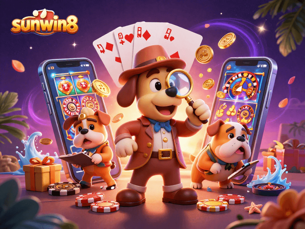 Engage in thrilling gaming adventures with sunwin8, featuring cartoon detective exploring clues and casino elements.