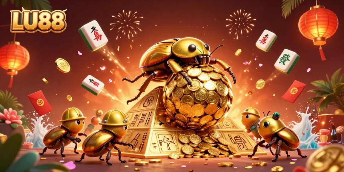 Engage in LU88 slot adventures with dynamic 3D illustration of golden beetles among casino symbols.