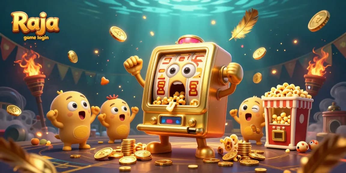 Engage with thrilling Raja game login, where a surprised golden slot machine hits a jackpot surrounded by cheerful companions.
