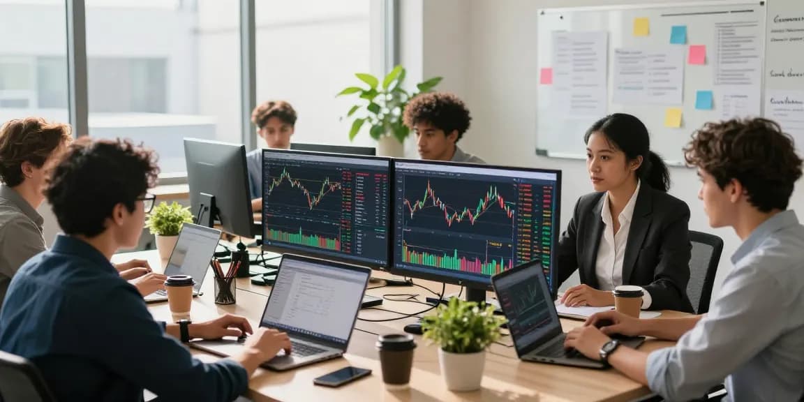 Kakakjudi di sebuah kantor modern dengan kelompok trader menganalisis grafik keuangan secara dinamis.