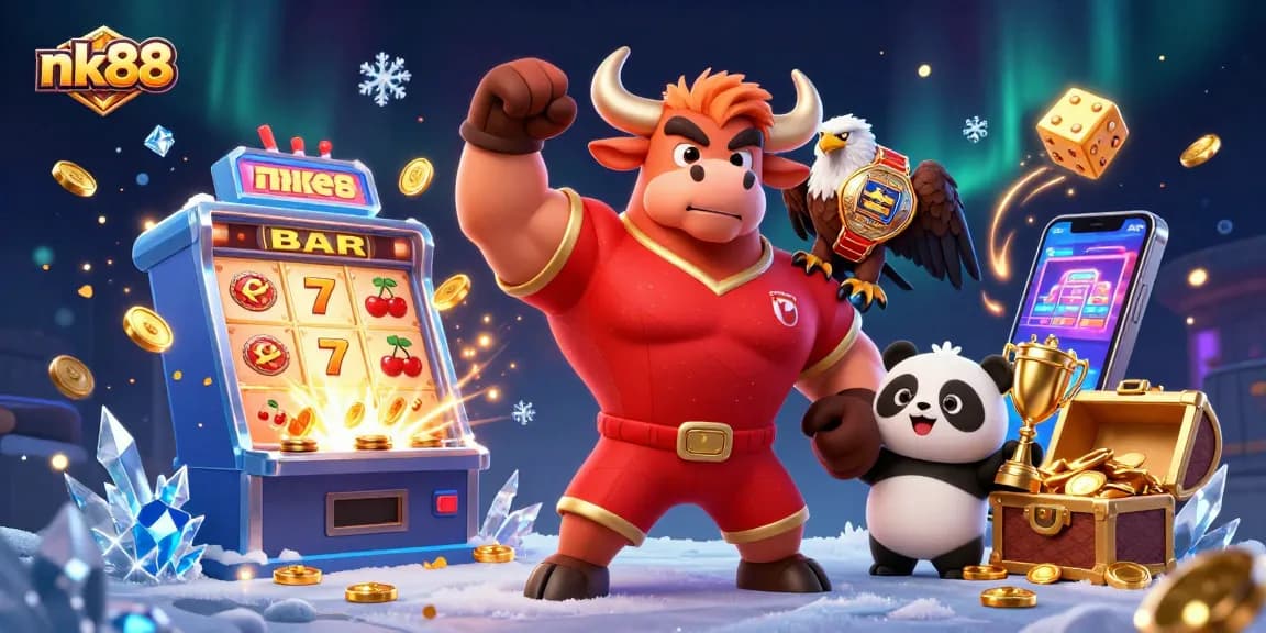 Experience the thrill of nk88 with a lively 3D casino scene showcasing winning moments and dynamic gameplay.
