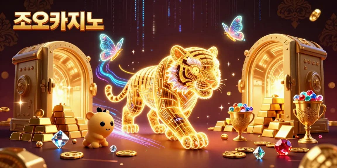 Experience the excitement of 조이카지노 with a vibrant digital casino scene featuring thrilling gameplay elements and treasures.