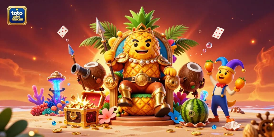 A vibrant scene featuring the golden pineapple king of toto slot macau amidst lively casino elements and tropical themes.