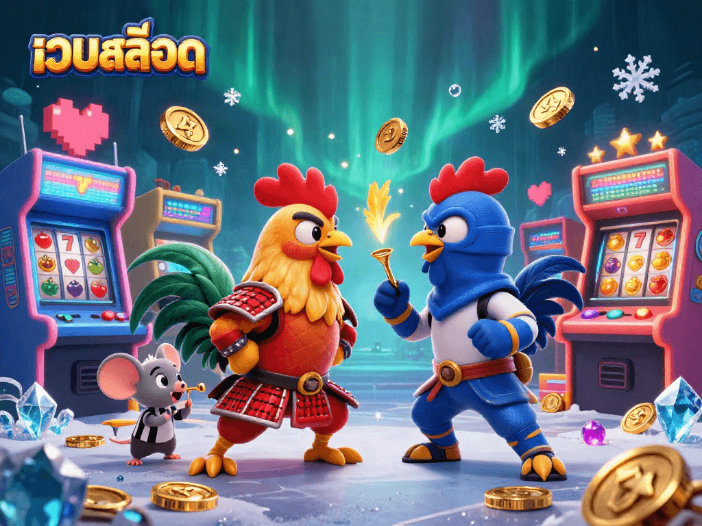 Experience thrilling เว็บสล็อต action with dynamic fighting roosters in a 3D casino scene.