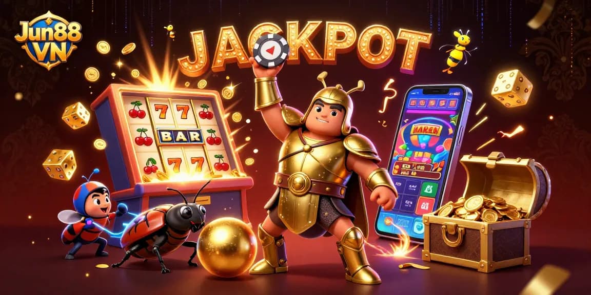 Win big with Jun88 VN: a cartoon beetle championing casino excitement in a thrilling jackpot scene.