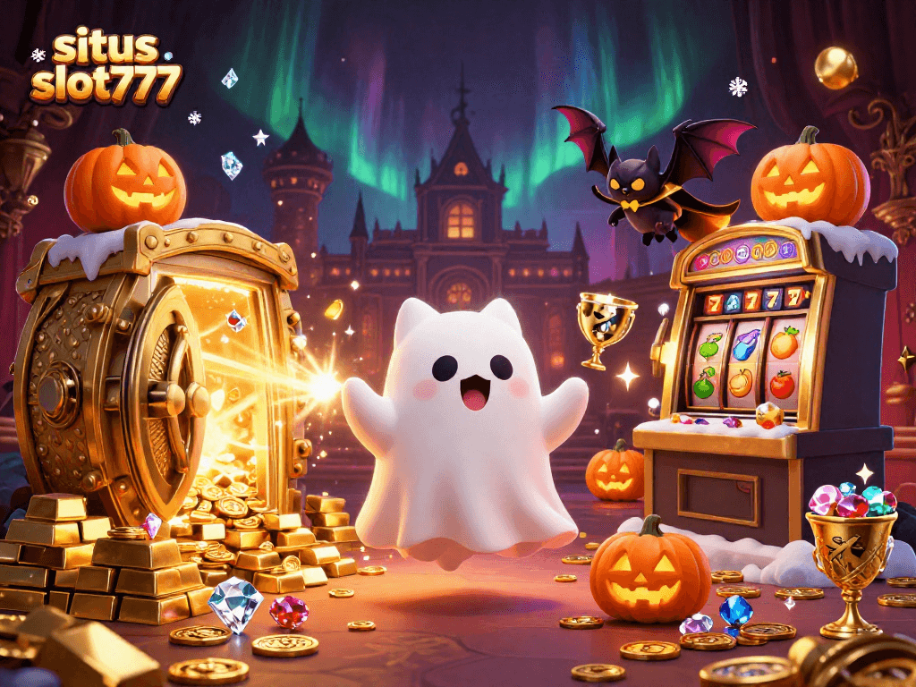 Situs slot777 showcases vibrant slot gaming action with a ghost cat and bat in a haunted mansion.