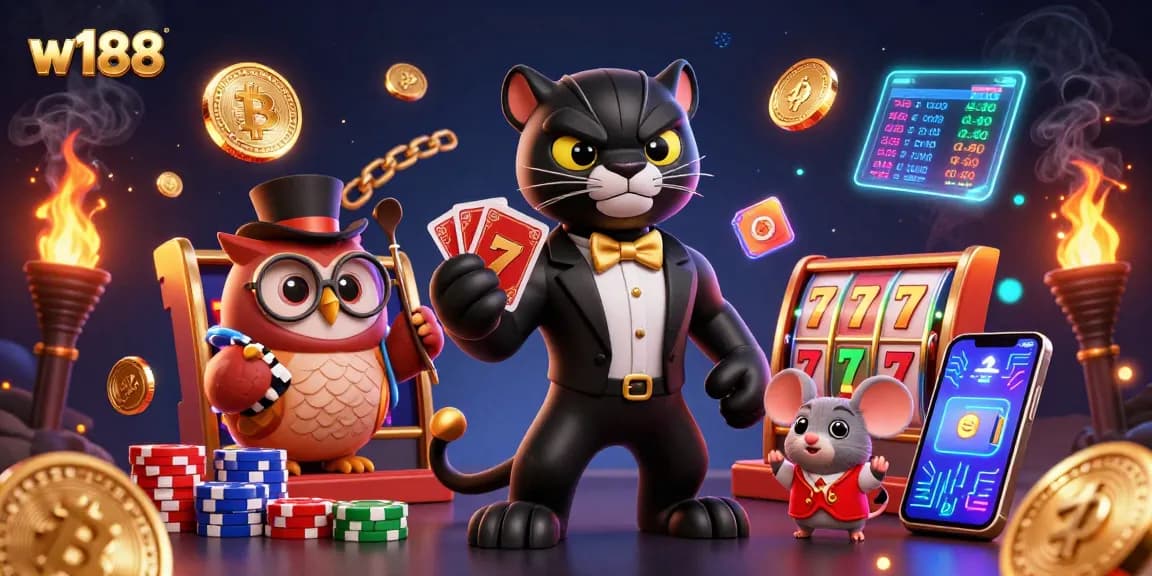 Experience excitement with w188 as the stylish panther deals cards in a lively casino scene.
