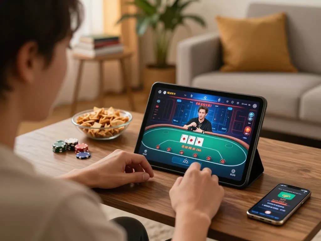 Hi88 online poker gaming experience with a player engaged at home in a cozy setting.