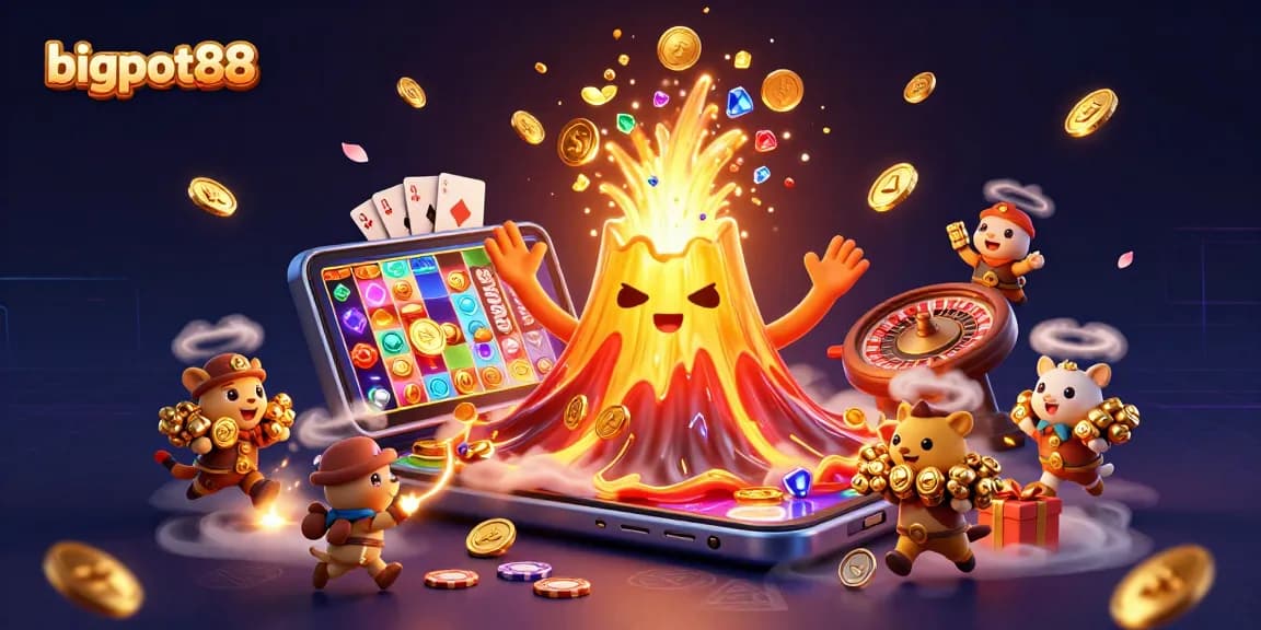Experience exciting gambling with bigpot88 featuring a golden volcano, coins, and gaming elements.