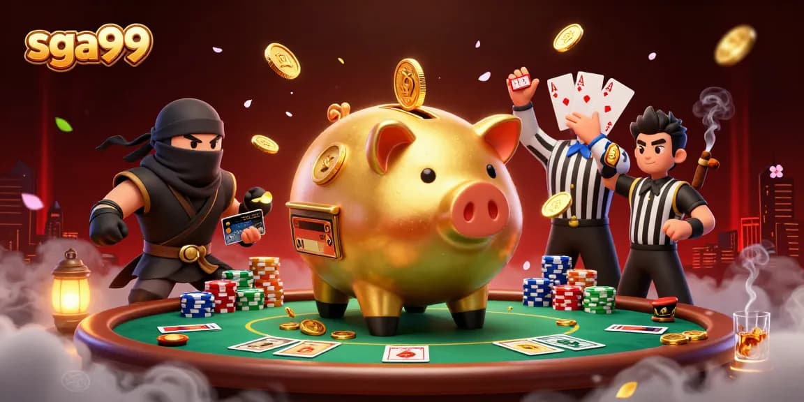 Engage with sga99's vibrant gaming scene featuring a golden piggy bank warrior amidst poker elements.
