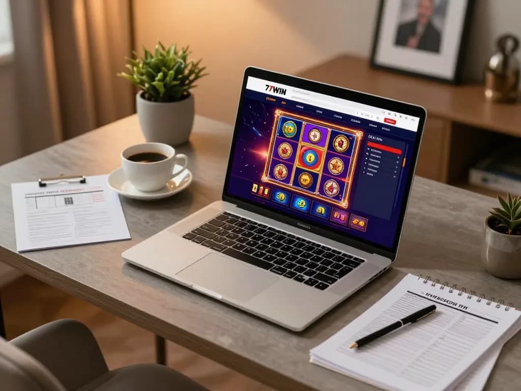 Engaging online casino gameplay on a laptop screen at a cozy home setup with 77WIN displayed