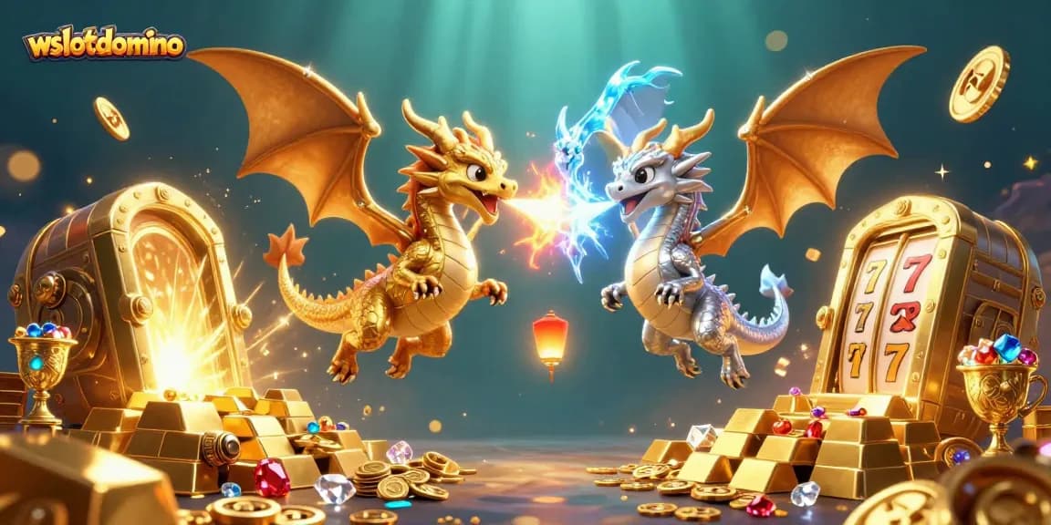 Gambarkan suasana menakjubkan di wslotdomino dengan naga 3D yang terbang, simbol slot ceria, dan harta berkilauan.
