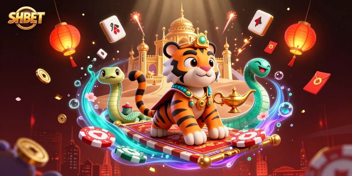 Join the excitement at SHBET with a vibrant 3D depiction of a tiger sultan on a magic carpet surrounded by gambling elements.