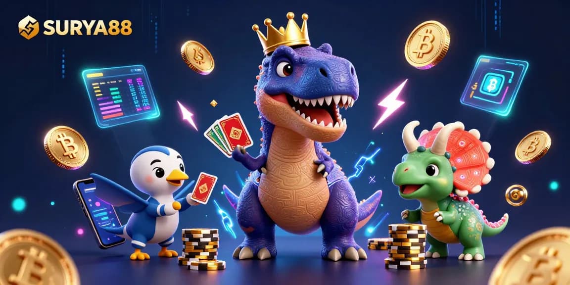 Engage in thrilling gameplay with SURYA88, featuring a T-Rex shuffling cards and crypto coins.