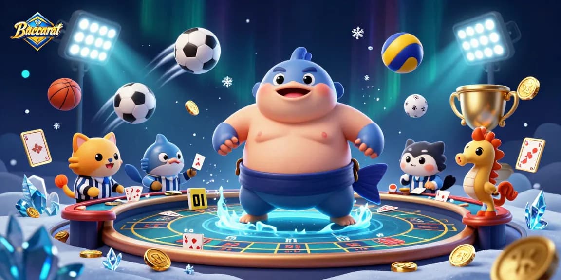 Experience thrilling baccarat action in this vibrant casino illustration with a playful blowfish and lively characters.