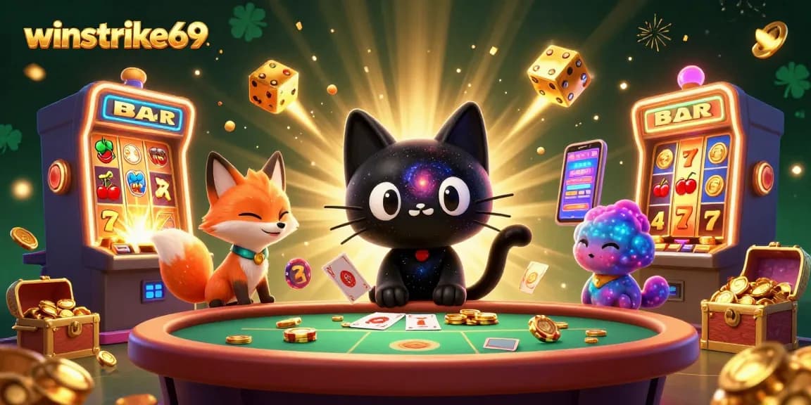 play exciting slots with winstrike69 as the cosmic cat pulls in golden chips in a vibrant 3D scene