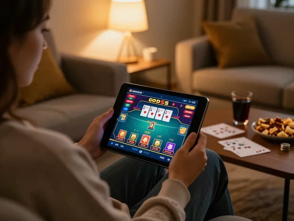 Person enjoying god55 online casino gaming on a tablet at home with strategic notes nearby