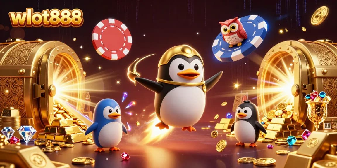 Permainan slot online wslot888 penuh kemenangan, dengan karakter penguin berenergi dan harta berkilauan.