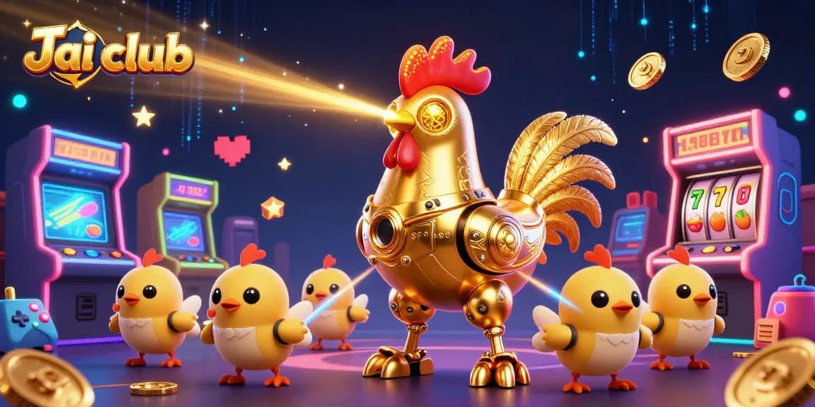Engage in thrilling gameplay at Jai club, featuring a golden rooster robot amidst dazzling casino elements.