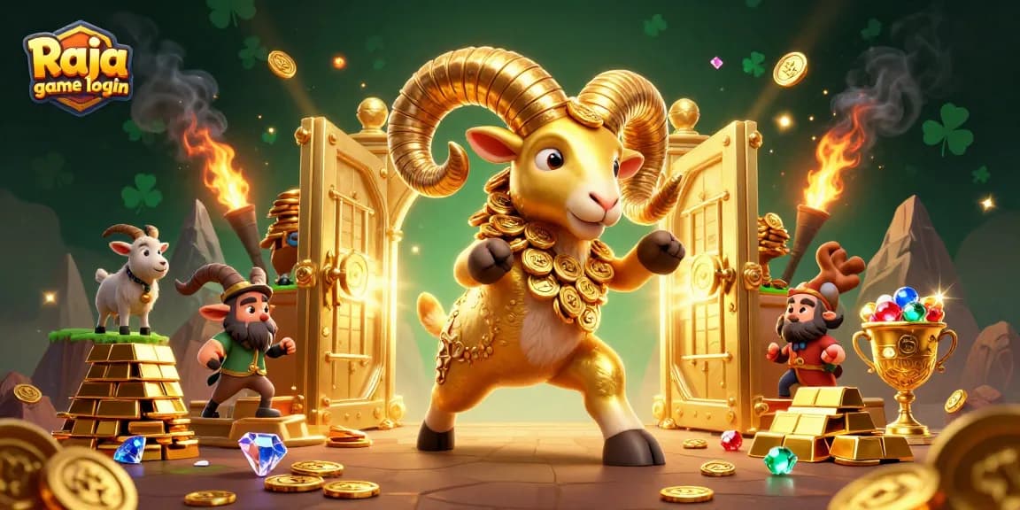 Experience Raja game login action with a vibrant 3D cartoon scene full of treasures and excitement.